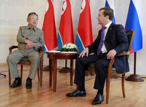 Ulan-ude, russia, august 24, 2011, russia's president dmitry medvedev (r) and kim jong-il (kim jong il), the leader of the democratic people's republic of korea (north korea), the chairman of the national defense commission, general secretary of the workers' party of korea, chat during a meeting in ulan-ude.