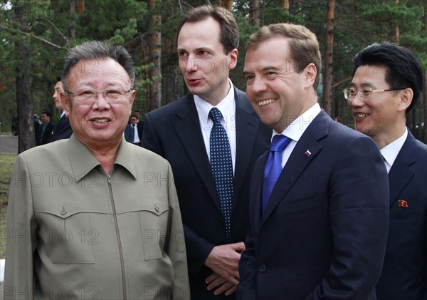 Ulan-ude, russia, august 24, 2011, russia's president dmitry medvedev and kim jong-il (kim jong il), the leader of the democratic people's republic of korea (north korea), the chairman of the national defense commission, general secretary of the workers' party of korea, r-l front, meet at sosnovy bor (pine tree forest) military post in ulan-ude.