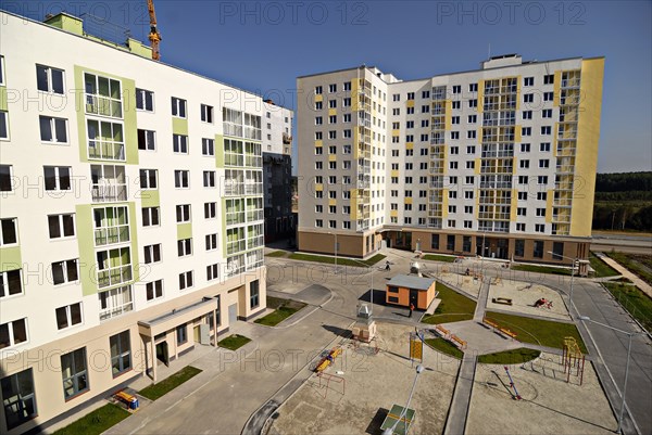 Yekaterinburg, russia, october 7, 2011, newly-built apartment blocks, part of akademichesky housing development, in the city of yekaterinburg, according to renova stroi group, the company managing the project, akademichesky is largest construction project of its kind in russia and europe, the housing development covers an area of 1300 hectares and will house 325 thousand residents upon its completion.