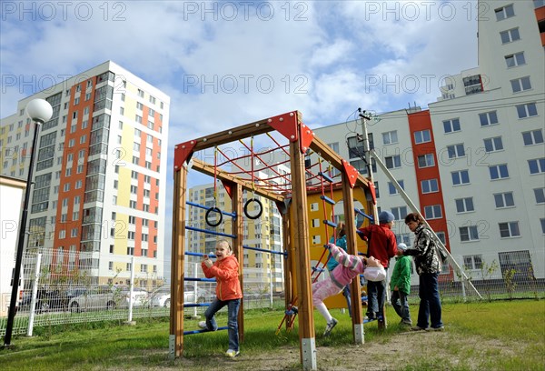 Yekaterinburg, russia, october 7, 2011, playground at akademichesky housing development, in the city of yekaterinburg, according to renova stroi group, the company managing the project, akademichesky is largest construction project of its kind in russia and europe, the housing development covers an area of 1300 hectares and will house 325 thousand residents upon its completion.