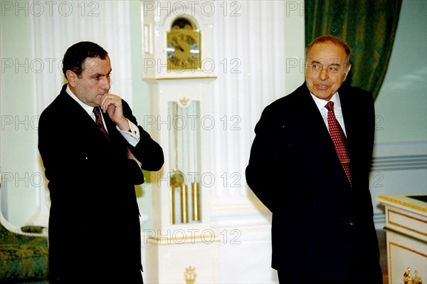 Picture is taken on may 17 before the sitting of the council of the cis countries - president of azerbaijan geidar aliyev /right/ and president of armenia levon ter-petrosyan : 'what is in store for us?', 1996.