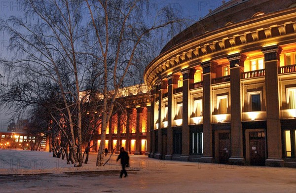 Novosibirsk academic opera and ballet theatre at night, the theatre opens after renovations, russia, december 2005.