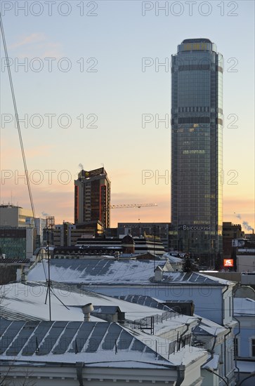 Yekaterinburg, russia, november 28, 2011, night view of vysotsky business centre, a 54 storey skyscraper (r).