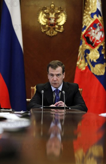 Moscow region, russia, december 13, 2011, president of russia dmitry medvedev holds a meeting with officials from the government, presidential administration and the expert community to discuss the delimitation of powers between the bodies of authority, at gorki residence.