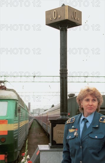 Moscow, russia, july 9, 2001, a symbolic signpost (centre) was installed today, monday, at the yaroslavsky terminal, marking the beginning of trans-siberian railway, and dedicated to its100th anniversary, the special train headed today from here to vladivostok.
