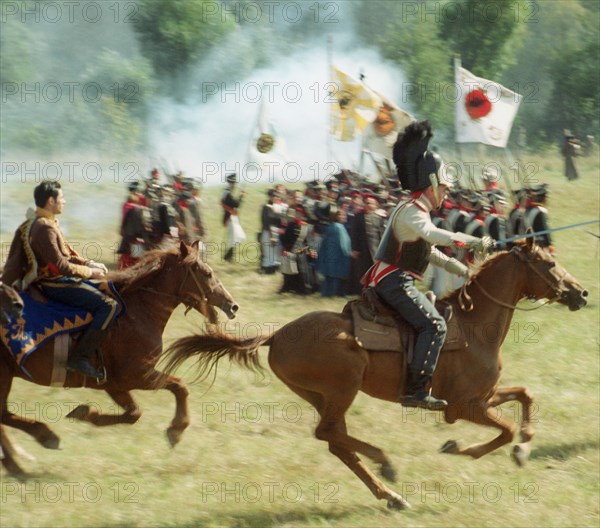 Moscow region, russia, september 3, 2001, a cavalry attack is performed by the participants in the military historical reconstruction of the borodino battle of the war with napoleon of year 1812, pictured on monday during the all-russian festival 'the day of borodino'.