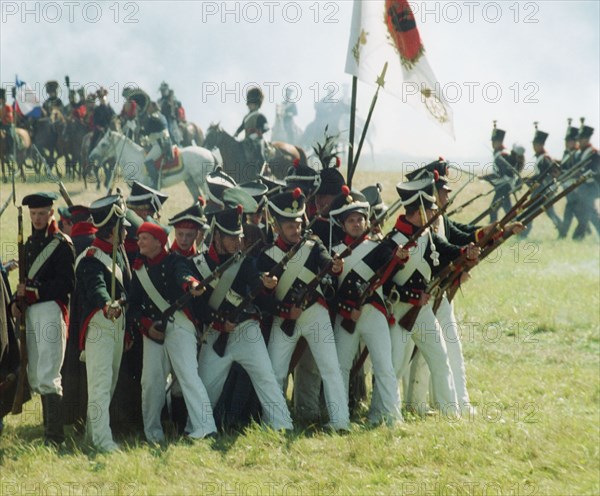 Moscow region, russia, september 3, 2001, participants of the military historical reconstruction of the borodino battle of the war with napoleon of year 1812, dressed as russian infantrymen, pictured on monday during the all-russian festival 'the day of borodino'.