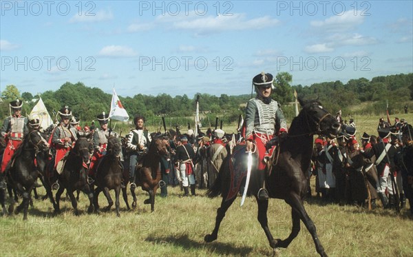 Moscow region, russia, september 3, 2001, participants in the military historical reconstruction of the borodino battle of the war with napoleon of year 1812, dressed as russian hussars, pictured on monday during the all-russian festival 'the day of borodino'.