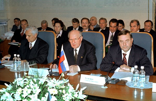 St,petersburg, october 15, 1999, a view of the council of the cis interparliamentary assembly which was held here on friday under the chairmanship of russian upper house speaker yegor stroyev (centre) to discuss problems of fighting terrorism,at right - state duma speaker gennady seleznyov, and at left - secretary general of the council of the interparliamentary assembly mikhail krotov, (right).