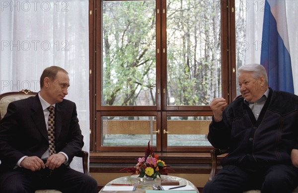 Moscow, russia, october 18, 1999, russian president boris yeltsin /r/ pictured during his meeting with chairman of the government of the russian federation vladimir putin, in the presidential countryside residence russ (zavidovo).