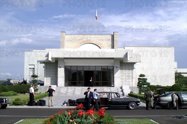 Pyongyang, north korea, july 20, 2000, a view of the pakhvavon residence, used for accomodating guests of honour, it is made up of several buildings on the coast of a man-made lake, talks between russian president vladimir putin and north korean leader kim jong il was held there on july 19 , a joint declaration was signed on the results of the talks.
