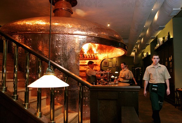 Interior view of the urquell original restaurant in moscow, russia, april 2006.