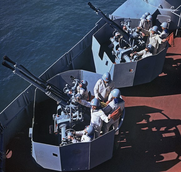 The far east region, ussr, anti-aircraft gunners taking part in the military exercises on cruiser 'dmitry pozharsky', july 15, 1973.
