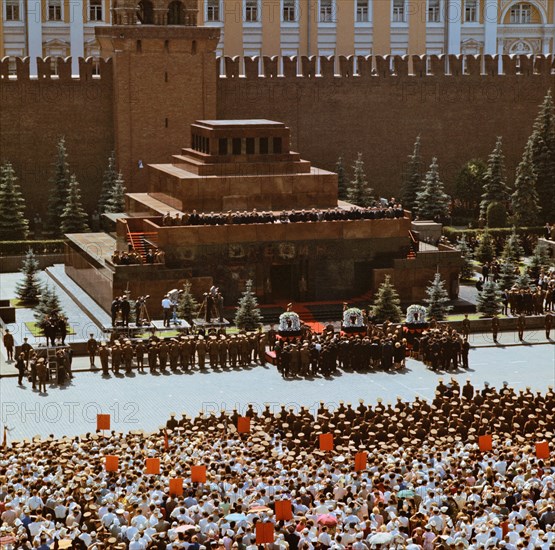 Moscow, ussr, funeral of d, dobrovolsky, v, volkov, and v, patsayev, crew members of spaceship soyuz-11, in red square, july 14, 1971.