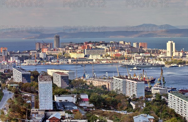 A view of zolotoi rog (golden horn) bay, the shkota peninsula and the amur bay, vladivostok, russia, 2006.