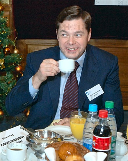 Moscow, russia, november 21, 2006, severstal board chairman alexey mordashov smiles at breakfast with american chamber of commerce in russia representatives, unseen, at the national hotel, moscow.