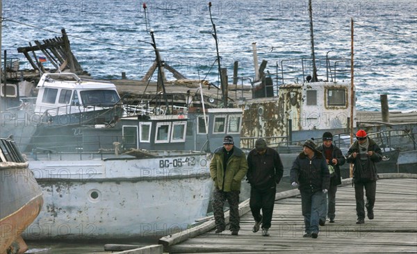 Irkutsk region, russia, the wharf near the khuzhir settlement located at the central part of the olkhon island in lake baikal, november 2006.