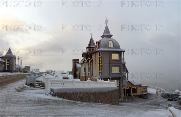 Irkutsk region, russia, december 15, 2006, the baikal hotel on the shore of lake baikal at the settlement of listvyanka.