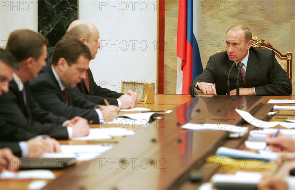 Defence minister sergei ivanov, first deputy prime minister dmitry medvedev, prime minister mikhail fradkov and russian president vladimir putin (l-r) seen at a meeting with the cabinet ministers in the kremlin,   moscow, russia, december 18, 2006.