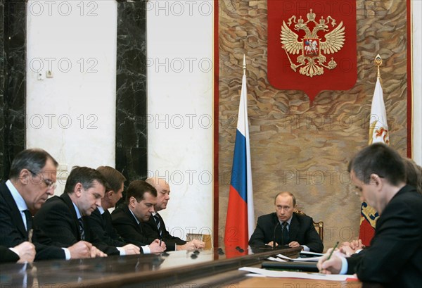Foreign minister sergei lavrov, health and social development minister mikhail zurabov, defence minister sergei ivanov, first deputy prime minister dmitry medvedev, prime minister mikhail fradkov, russian president vladimir putin and minister of internal affairs of russia rashid nurgaliyev (l-r) appear at a meeting of president putin with cabinet ministers in the kremlin,  moscow, russia, january 15, 2007.