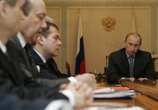 Interior minister rashid nurgaliyev, security council secretary igor ivanov, russian first deputy prime minister dmitry medvedev and russian president vladimir putin (l-r) seen during a security council meeting in the novo-ogaryovo residence outside moscow,  moscow, russia, march 10, 2007.