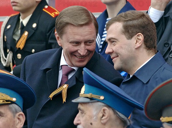 Russian first deputy prime ministers sergei ivanov and dmitry medvedev, l-r, talk at a military parade held in red square, moscow, to mark the 62 anniversary of world war ll victory,  moscow, russia, may 9, 2007.