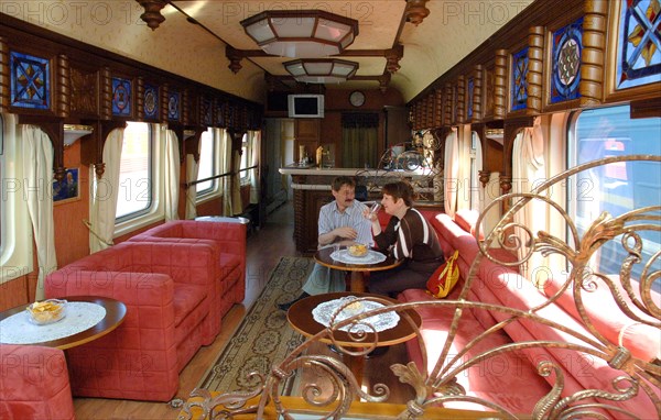 Moscow, russia, june 4, 2007, inside the bar car of the golden eagle express, the new $25 million fully en-suite private train has been launched by long-distance luxury train operator gw travel limited to serve the world's longest railway line between moscow and vladivostok.