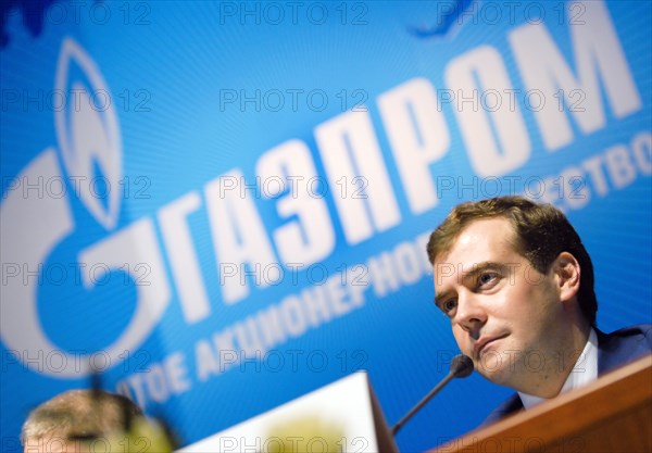 Gazprom deputy chairman, head of gazprom's financial and economic department andrei kruglov, gazprom deputy chairman alexander ananenkov, russia's first deputy pm dmitry medvedev, spokesman for gazprom's chairman sergei kupriyanov, gazprom deputy chairman, gazprom export general director alexander medvedev, l-r, are pictured against the background of gazprom logo at an annual general meeting of gazprom shareholders,  moscow, russia, june 29, 2007.