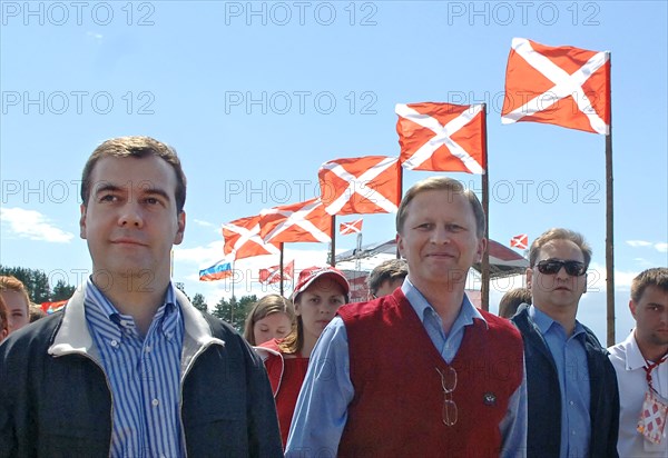 Russia's first deputy pms dmitry medvedev and sergei ivanov, l-r, visit the summer camp of the pro-putin nashi (our people) youth movement at the lake seliger resort, tver region, russia, july 21, 2007.