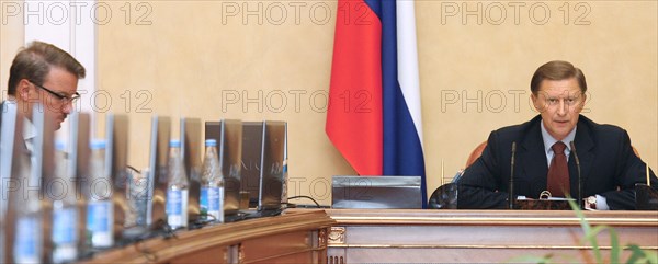 Russian economic development and trade minister german gref  (l) and first deputy prime minister sergei ivanov at a session of the committee on industry, transport and the new technologies, moscow, russia, august 17, 2007.