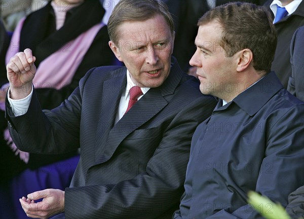 Russian first deputy prime ministers sergei ivanov (c) and dmitry medvedev outside the moscow city hall during celebrations marking the day of the city, moscow's 860th anniversary, moscow, russia, september 2, 2007.