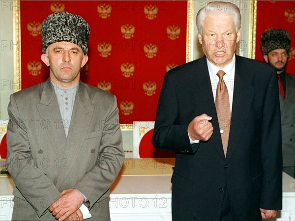A treaty on peace and principles of mutual relations between the russian federation and the chechen republic of ichkeria has been signed today, on may 12, 1997 by president boris yeltsin and chechen leader aslan maskhadov, the picture shows the presidents after signing the documents.