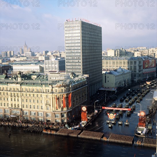 November 7, 1980, a military parade in red square celebrating the 63rd anniversary of the great october socialist revolution, moscow, ussr, armoured personnel carriers in gorky street.