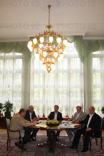 Moscow region, russia, july 13, 2008, leader of the liberal democratic party of russia vladimir zhirinovsky, state duma speaker, united russia chairman  boris gryzlov, russian president dmitry medvedev, federation council speaker, just russia leader sergei mironov, russian communist party leader gennadi zyuganov (l-r) talk during a meeting at zavidovo residence.