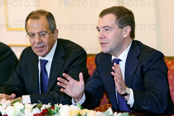 Russian president dmitry medvedev and russian foreign minister sergei lavrov (r-l) appear at the russian- armenian talks, yerevan, armenia, october 21, 2008.