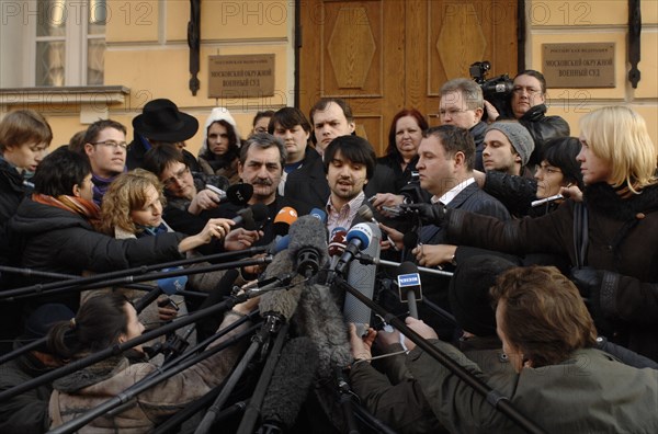 Lawyer of dzhabrail makhmudov, murat musayev (c) appears after the verdict, suspects of the murder of investigative journalist anna politkovskaya, have been acquitted by moscow district military court, moscow, russia, february 19, 2009.