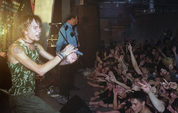 The 'lyumen' group performs during the fourth annual festival 'the punks in the city' held in the 'adrenalin' skate-park here on friday, august 30, 2003.