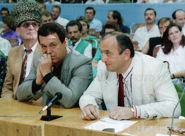 From left to right: mahmud asambayev, singer joseph kobzon and otaryi kvantrishvilyi at a kickboxing tournament in the palace of sports in luzniki, moscow, 1994, this was only a few days before kvantrishvilyi was killed by hired hitmen, moscow, russia 1994.