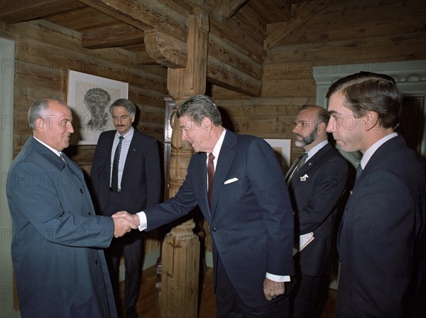 General secretary of the cpsu central committee mikhail gorbachev and president ronald reagan of the usa during their summit meeting in reykjavik, iceland on october 11, 1986.