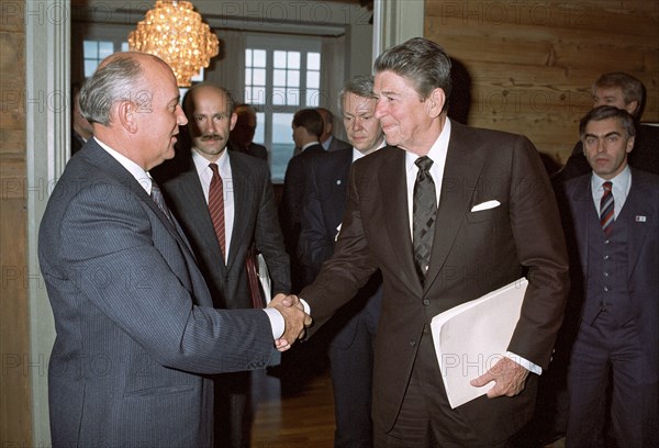 General secretary of the cpsu central committee mikhail gorbachev and president ronald reagan of the usa during their summit meeting in reykjavik, iceland on october 11, 1986.