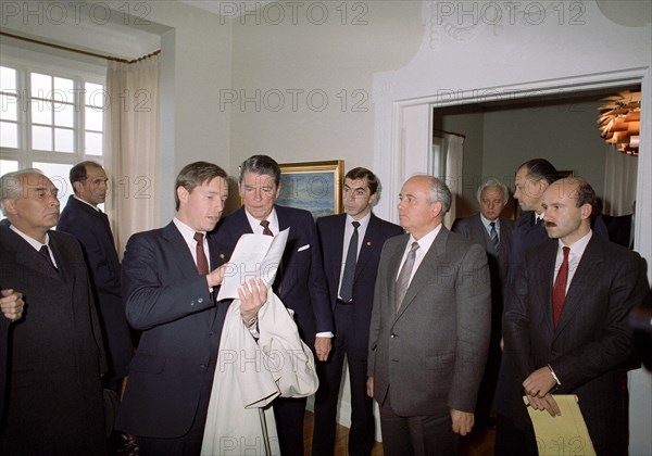 General secretary of the cpsu central committee mikhail gorbachev and president ronald reagan of the usa during their summit meeting in reykjavik, iceland on october 11, 1986.