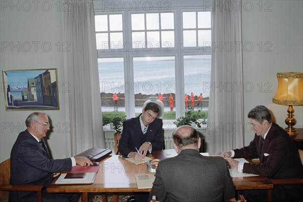 General secretary of the cpsu central committee mikhail gorbachev and president ronald reagan of the usa during their summit meeting in reykjavik, iceland on october 11, 1986.