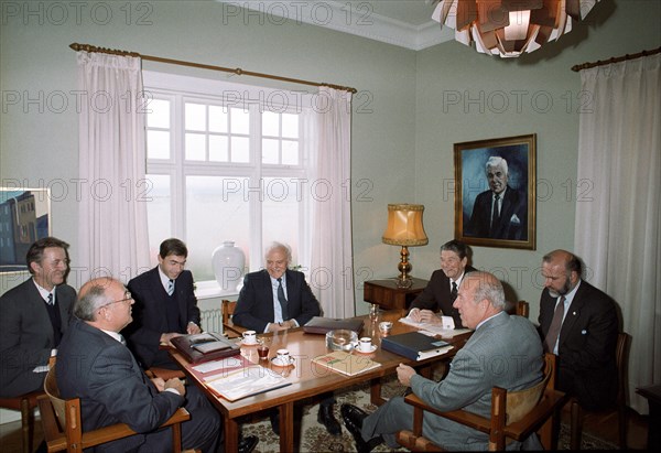 General secretary of the cpsu central committee mikhail gorbachev and president ronald reagan of the usa during their summit meeting in reykjavik, iceland on october 11, 1986.