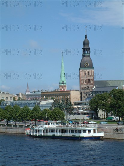 Riga, latvia, 2003, a view of the daugava river, the embankment and the dom cathedral.