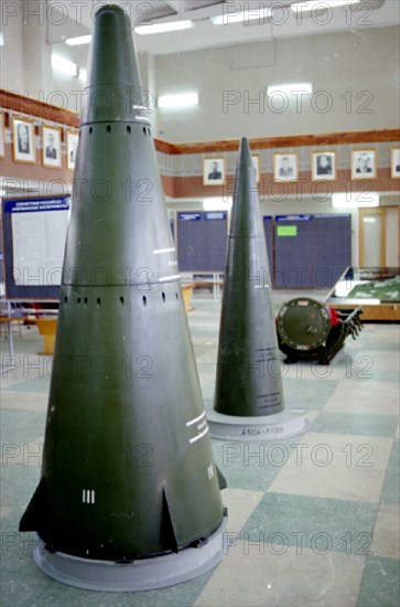 Sarov, nizhny novgorod region, russia, 2000, the nuclear arms museum of the russian federal nuclear centre in sarov (formerly arzamas-16) was replenished with new, recently declassified exhibits, the picture shows warheads for the ballistic missiles aa-19 and aa-74.