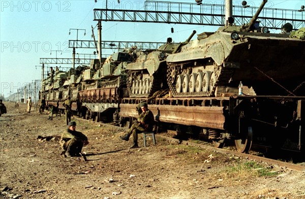 Grozny, chechnya 12/3/96, russian 205th motor-rifle brigade and 101th brigade are leaving chechnya for budennovsk today, picture: outgoing materiel at the chervlenaya railway station.