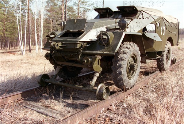 Transbaikal region, russia, 04/97: a new armoured personnel carrier btr-40 is capable of moving both along the roads and on railway tracks at a speed up to 50 km per hour is tested in the transbaikal miltary district , it may be used as a reconnaissance vehicle as well.