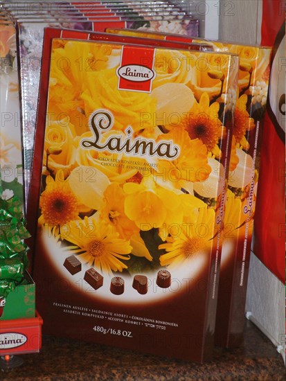 Packages of laima chocolates from riga, latvia.