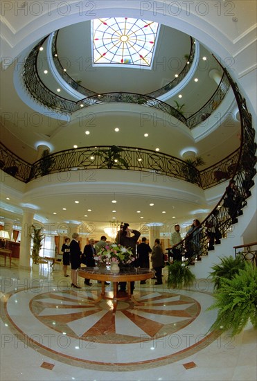 View of the lobby of the baltic star hotel built for accomodation of government delegations as part of the constantine palace complex in strelna, the restored 18th century palace will be the venue of summits to be held during the city's 300th anniversary celebrations, st,petersburg, russia, may 26, 2003,  yury belinsky  re0165b0.