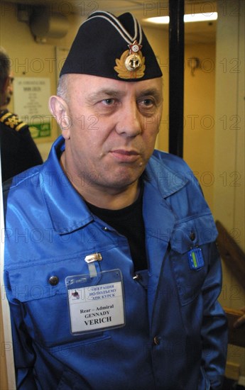 Kursk submarine tragedy, barents sea, russia, august 26 2001, chief of the group of russian divers, rear-admiral gennady verich on board of the mayo recovery ship, preapring to lift the sunken nuclear submarine.